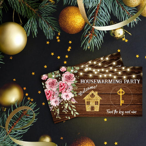 50 Pack Housewarming Scratch Off Game - Wood Grain Key Scratch Card for Rustic New Home Party