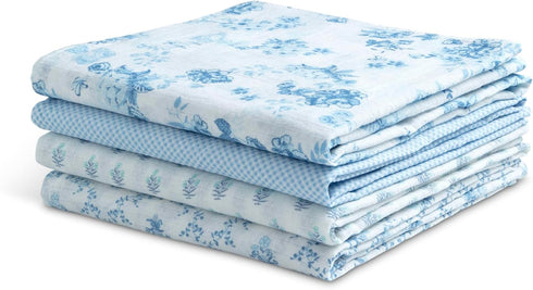 100% 47x47 Inches (Pack 4), Delta Children Cotton Muslin Baby Receiving Blankets for Girls and Boys of Blue Botanicals