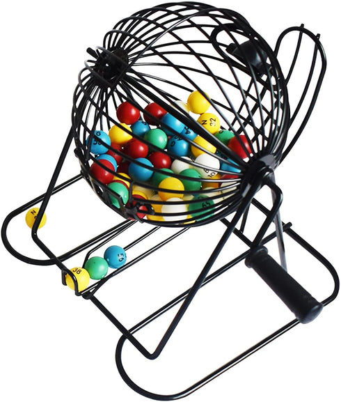 Set 75 100 500 Yuanhe Deluxe Bingo Game - Metal Round Cage, Colored Bingo Balls, Bingo Cards, Mixed Chips and Master