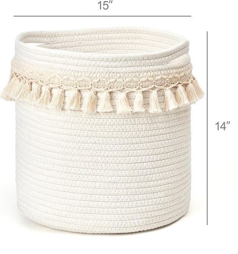 Closet 15"x14" Mkono Macrame Decorative Cotton Rope Basket Boho Nursery Decor Cute Woven Tassel Storage Bins Organizer
