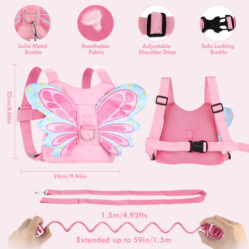 Lehoo Castle Toddlers Leash for Walking + Key Lock Design Anti Lost Wrist Link, 3 in 1 Baby Leash Kids Wrist Link for Toddlers, Safety Harness Belt Strap Wristband (Pink Butterfly Girls Leash)