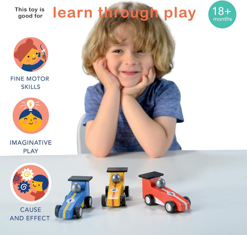 Pullback Racers - Wooden Vibrant Racing Car Trio with Pull-Back for Imaginative Play, Age 3+