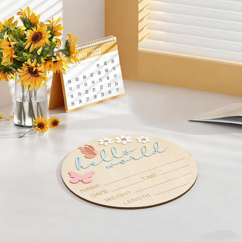TAHULIK 5.9 Inch Hello World Newborn Sign, Butterfly Style Birth Welcome Board, Pink World Baby Announcement Sign