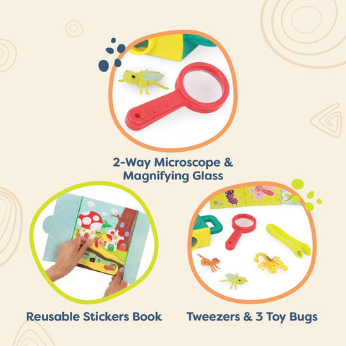 B. toys 9pc Toy Microscope Set with Sticker Book, Magnifying Glass & Tweezers, 3 Toy Bugs, Little Explorer Pack