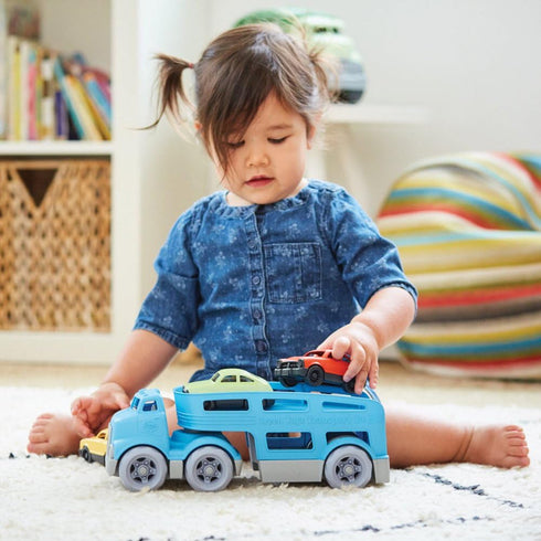 Green Toys Car Carrier, Blue - Kids Toy Vehicle for Pretend Play, Motor Skills, 4 Piece Set, Made in USA, Dishwasher