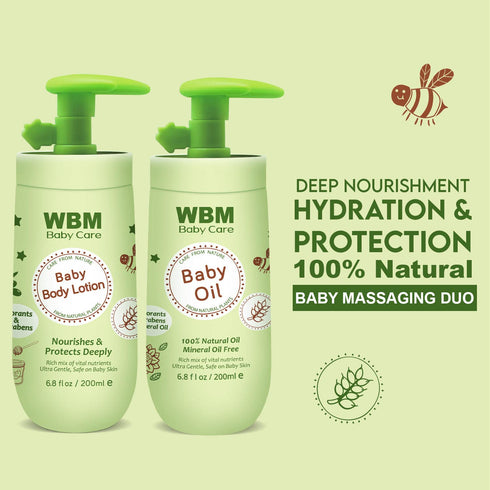 WBM Baby Oil & Baby Lotion Set For Soft and Healthy Skin Care, Moisturizing & Nourishing Newborn Essentials With 100% Natural Ingredients and Vitamin E