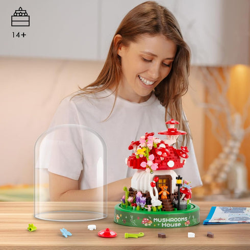 Set, 645PCS 14+ Vziimo Mushroom House Building Creative Mushroom Flower House Model Kits with Dust Cover, Micro Bricks
