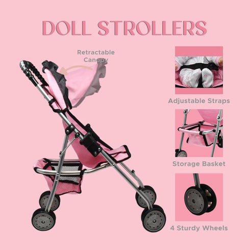 Baby Doll Stroller for Girls, Toddler Play Toy Buggy Carriage Foldable with Canopy Storage Basket Travel Diaper Bag