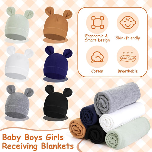 6 Set 100% 31.5" Ramede Baby Swaddle Blanket and Hat, Cotton Newborn Receiving Blanket Wrap with Headband, Soft