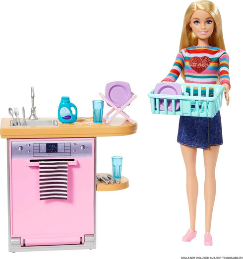Barbie Furniture & Accessories Set, 10+ Pieces for Kitchen, Includes Dishwasher with Working Door & Sliding Rack
