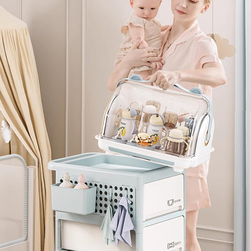 Topjia Kitchen(14.5x11.4in, Portable Baby Bottle Drying Rack with Cover Drain &Handle,Large Capacity Anti-Dust Toddler