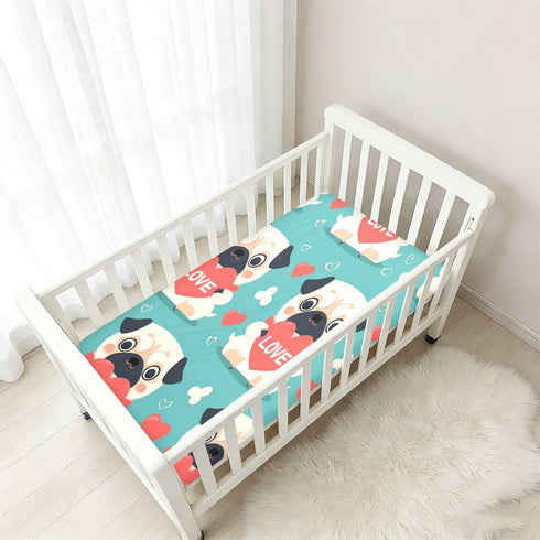 Bseiialft 52 28 Pug Puppy Hearts Teal Crib Sheets for Boys Girls Soft and Breathable Cotton Baby Sheets for Standard