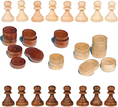 2 in 1 Wood Chess Pieces + Checker Pieces Without Board (3.5 inches)