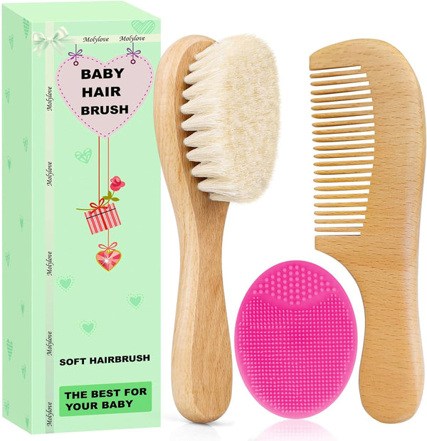 Molylove Baby Hair Brush with Wooden Handle and Comb Set for Newborns &