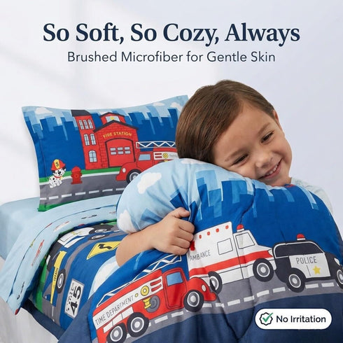 4 Set EVERYDAY KIDS Piece Toddler Bedding -Fire and Police Rescue- Includes Comforter, Flat Sheet, Fitted Sheet