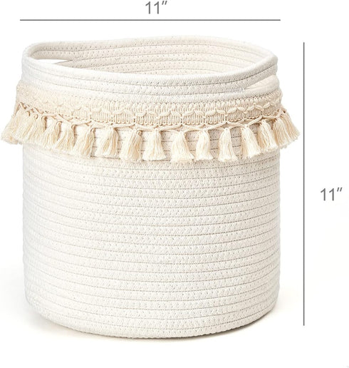Closet 11"x11" Mkono Macrame Decorative Cotton Rope Basket Boho Nursery Decor Small Cute Woven Tassel Storage Bins