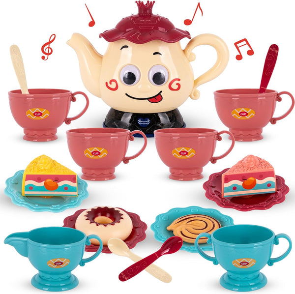 ArtCreativity 19-Piece Musical Tea Set for Girls - Toddler Tea Party Set with Motion-Activated Sound, Music, Lights