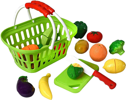 Playset (32 Playkidz: Fruit and Vegetables Basket Pretend Play Kitchen Food Educational with Toy Knife, Cutting Board
