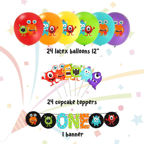 Cartoon Monster Theme First Birthday Party Decorations - Banner, Balloons, Cupcake Toppers for Boys Bday
