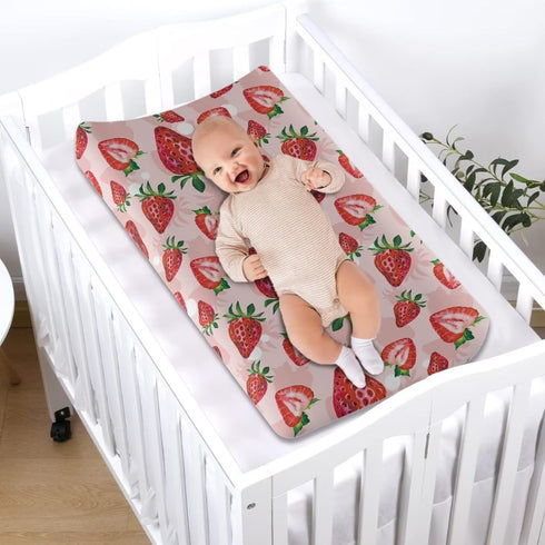 Cute Red Strawberry Print Diaper Changing Pad Covers - Soft Cozy Breathable Sheets for Baby Boys and Girls, 32"x16"
