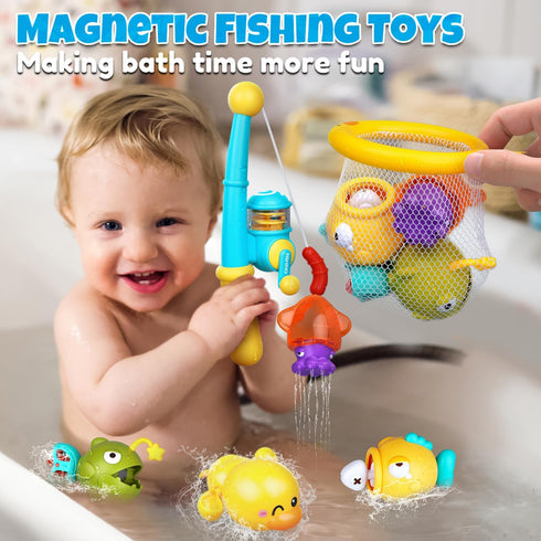 Baby Bath Toys for Kids Ages 1-3, Magnetic Fishing Games with Floating Bathtub Wind-Up Toys & Fishing Net, Fishing Rod Water Pool Toys for Toddlers 1-3
