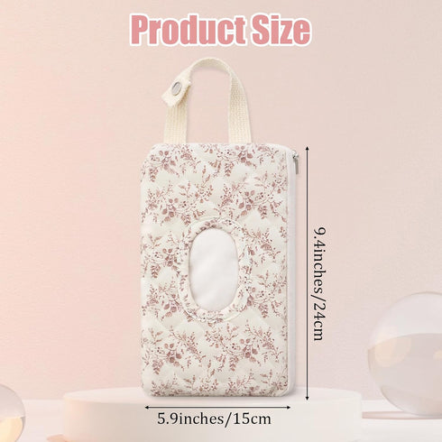 Hadnves Mommy Quilted Diaper Wipe Pouch Hanging Floral Wet Wipes Bag Reusable Fabric Cover with Zipper & Lanyard