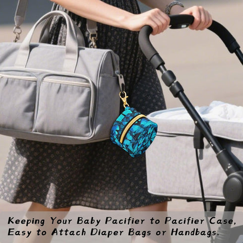 YETTASBIN Blue Butterfly Portable Pacifier Holder Case with Metal Hook Buckle & Zipper for Diaper Bag and Stroller
