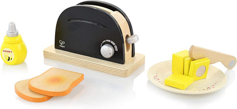 Set| Playset 3 Hape Wooden Black Pop up Toaster Pretend Play Kitchen with Toast, Butter and Honey for Preschoolers Ages