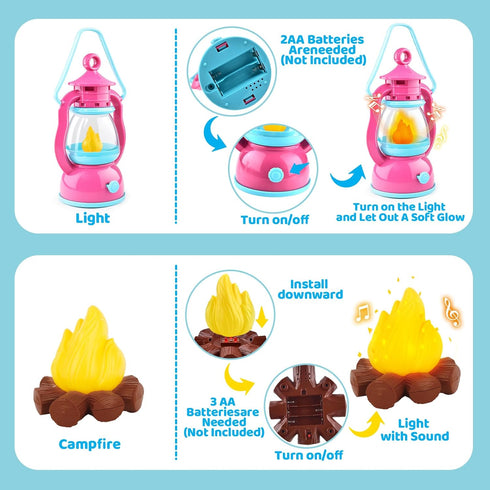 Set 50 3-5 Kids Camping Toys PCS with Campfire, BBQ Grill, Food Toy and Lantern Kids Camping Gear with Storage Bag