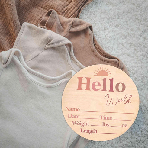 Hello World Newborn Announcement Sign - Custom Birth Stats Plaque for Photos