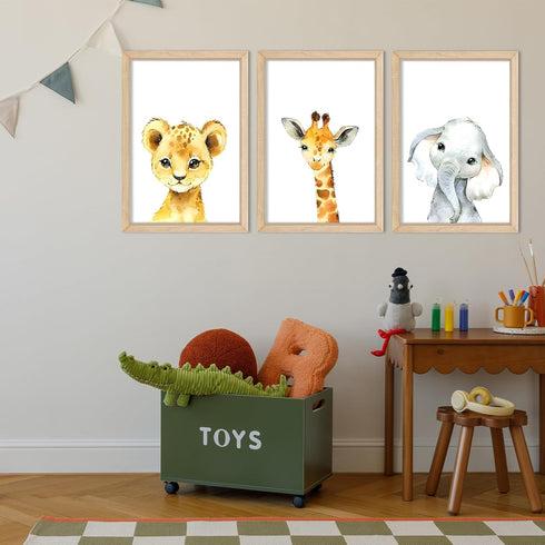 YWJKWLGS Set 3, 11x16 Inch Safari Nursery Wall Art of Natural Wood Framed Watercolor Animal Print, Giraffe Lion