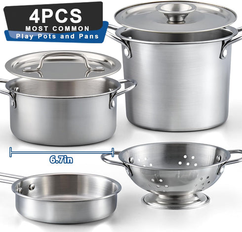 12Pcs Playset 3 Kids Pretend Play Kitchen Accessories Toy Stainless Steel Metal Pots and Pans with Rack Mud Kitchen