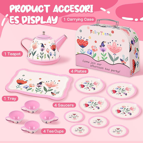 Set 3-6, 15-Piece Set Floral Tea Party for Little Girls Ages Pretend Play Kitchen Toys with Teapot, Cups, Plates