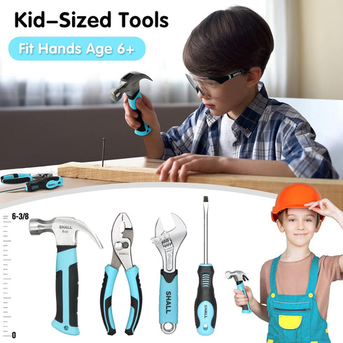 26-Piece Set, 12" Set 6+, SHALL Kids Size Tool Real Tools Kit for Kids with Tool Bag, Safety Certified Children