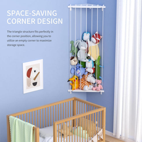 Kids Stuffed Animal Storage Organizer - Adjustable Length Wall Plush Holder for Nursery Playroom Bedroom (White)