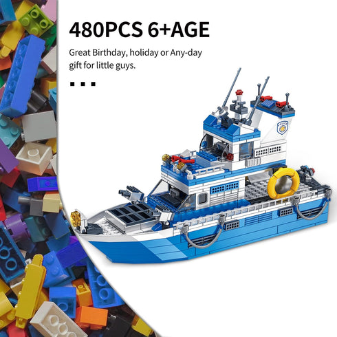 City Boat STEM Building Blocks Set, Compatible with Lego City Police Boat, 480 Pcs Rescue Toy Kit