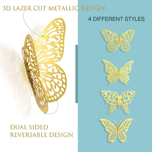 3D Gold Butterfly Wall Decor, 3 Sizes 4 Styles Butterfly Party Decorations, Removable Stickers for Room Mural (Gold,