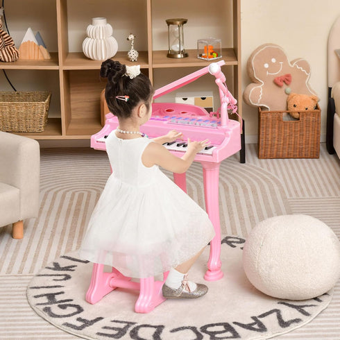 31 Costzon Kids Piano, Key Mini Grand Piano Toy Keyboard with Microphone, Stool & Lights, Portable Electronic Piano