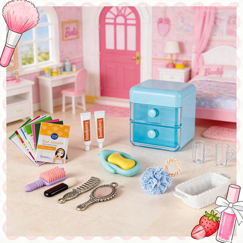 72Pcs Set Backpack Dollhouse Mini Jewelry Storage Case Handbag Towel Cosmetic Bathroom Acessories Toothbrush Shampoo