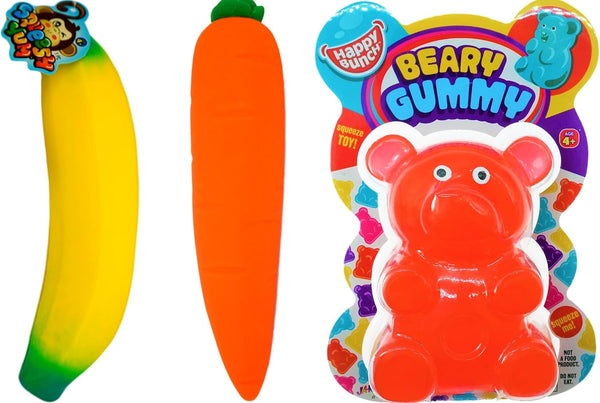 JA-RU Stretchy Banana Toy, Squishy Carrot Toy, & Jumbo Gummy Bear Toys for Kids, Slow Rising Fidget Stress Relief
