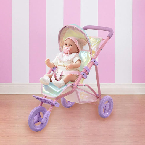 Dreamland Teamson Kids - Magical Baby Doll Jogging Stroller - My Little Girls First Dolls Pram Toy Gift, Iridescent