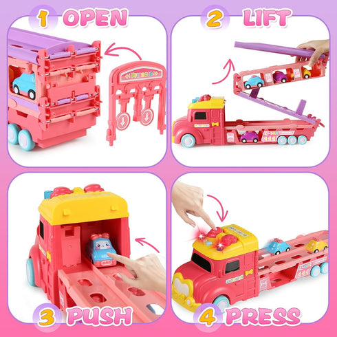 aruemp 12 1 2-Player 3 in Princess Carrier Truck with Girls Car Toys, Race Mode Friction Power Toy Cars with Light