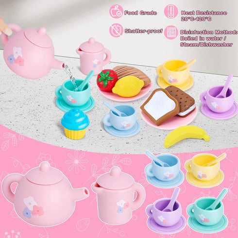 Set 27PCS Set 3 4 5 6 Silicone Tea Party for Little Girls,PRE-WORLD Toys Toddler Tea with Play Food Dessert