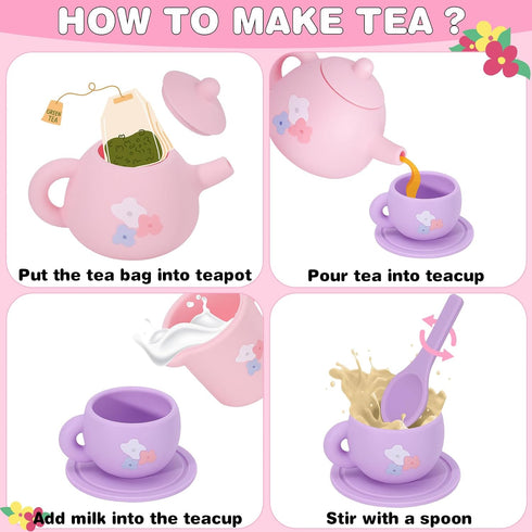 Set 27PCS Set 3 4 5 6 Silicone Tea Party for Little Girls,PRE-WORLD Toys Toddler Tea with Play Food Dessert