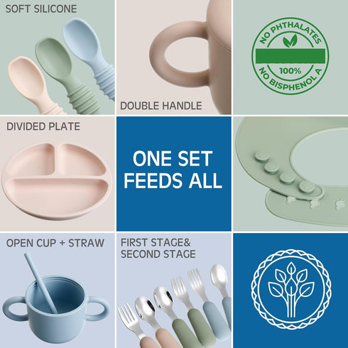 24 Pack Set Silicone Baby Feeding Baby LED Weaning Supplies Includes Suction Divided Plates Soft Bowl Spoons Forks