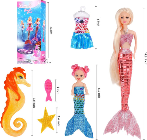 BETTINA 12'' Mermaid Princess Doll with 3'' Mermaid & Seahorse Play Gift Set, Pink, Doll Clothes & Accessories