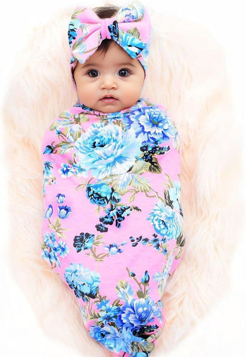 Set Galabloomer Baby Girl Newborn Receiving Blanket with Headband Baby Swaddle Nursery Swaddle Wrap with Card (Pink