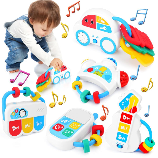 Baby Sensory Toys - 5PCS Baby Rattle Teething Toys Kits with Music,