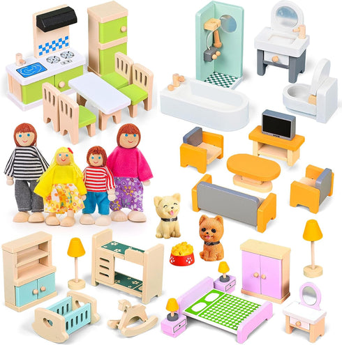 HAPGFS 36PCS Wooden Dollhouse Furniture Set with 4 Flexible Family Dolls -