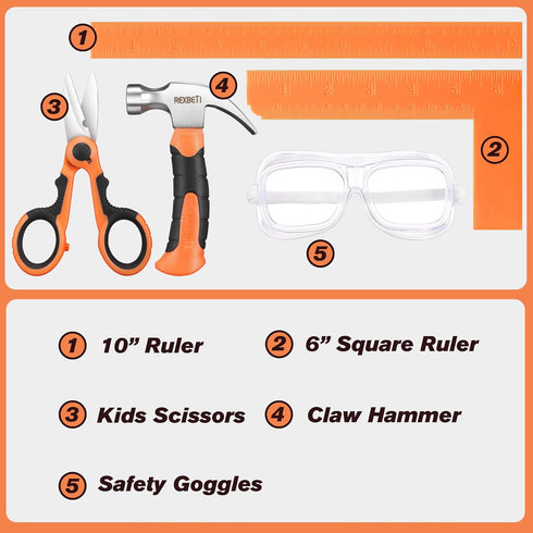 10-Piece Set 6+ REXBETI Kids Tool with Real Hand Tools, Orange Durable Storage Bag, Children Learning Tool Kit for Home
